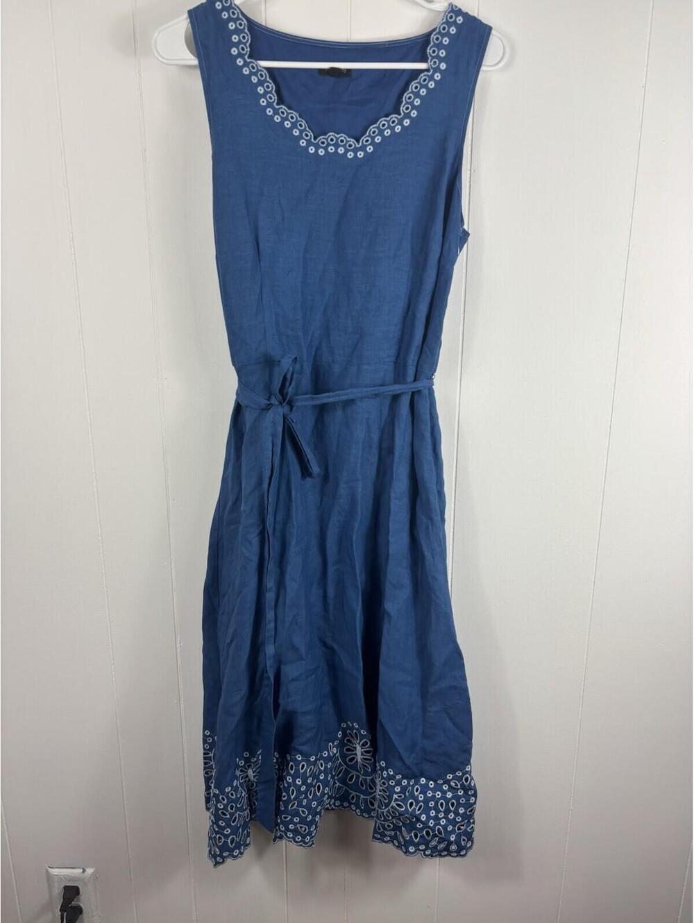 Talbots Linen Embroidered Denim Dress Size 12 Cottage Tie Jean Western Lined
